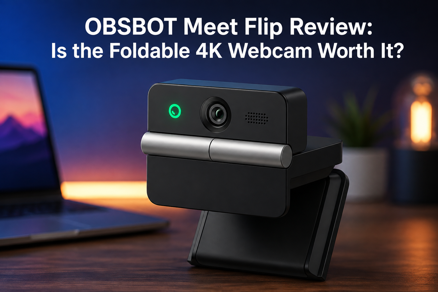 OBSBOT Meet Flip foldable 4K webcam opened on its integrated stand atop a laptop screen
