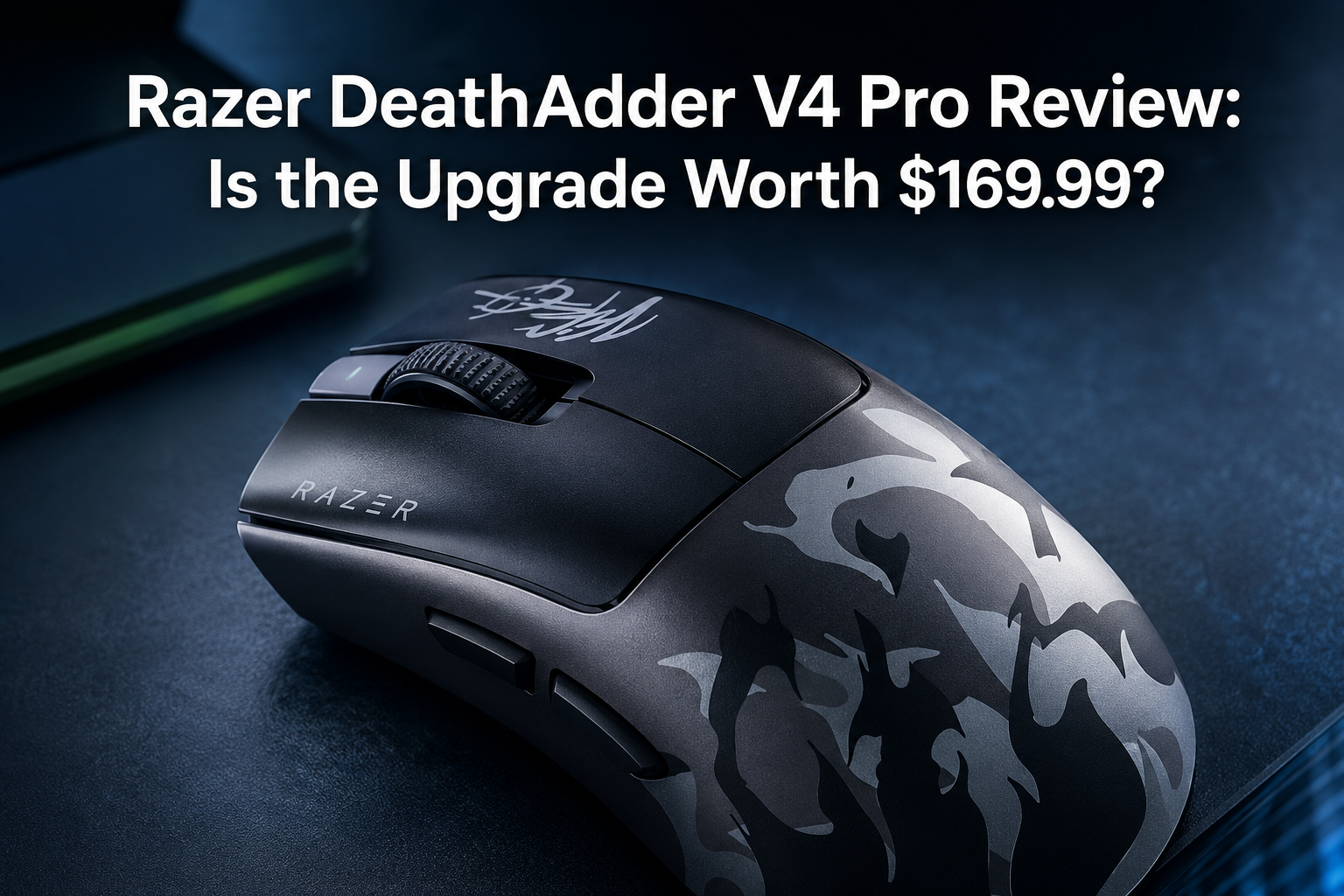 Razer DeathAdder V4 Pro wireless gaming mouse in black on a desk mat