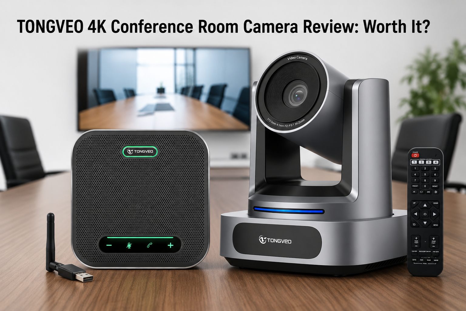 TONGVEO 4K conference room camera system with AI auto-tracking PTZ camera and Bluetooth speakerphone