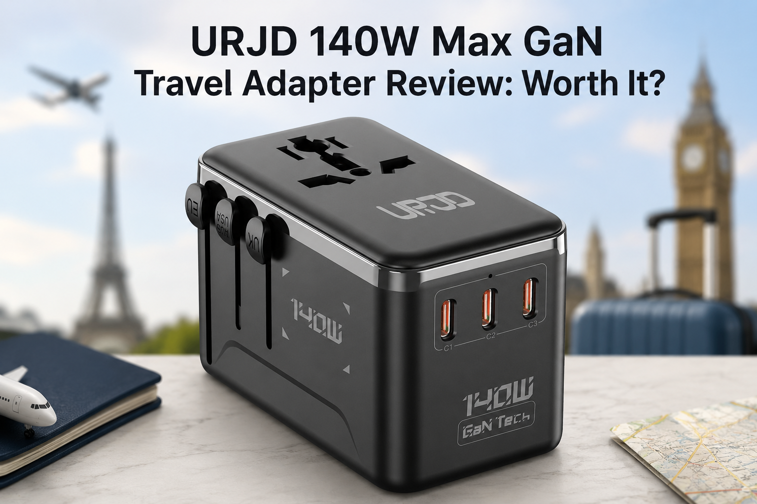 URJD 140W Max GaN Universal Travel Adapter for Europe UK US 200+ Countries | 3 USB C 1 USB A + 2500W AC Outlet